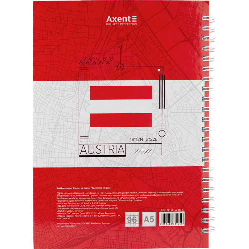 Spiral Notebook Axent Flags Vienna 8032-07-A, A5, 96 sheets, hard cover