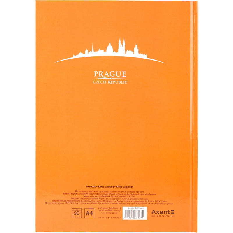 Notizbuch Axent Maps Prague 8422-542-A, A4, 210x295 mm, 96 Blatt, kariert, feste Deckung, pfirsich