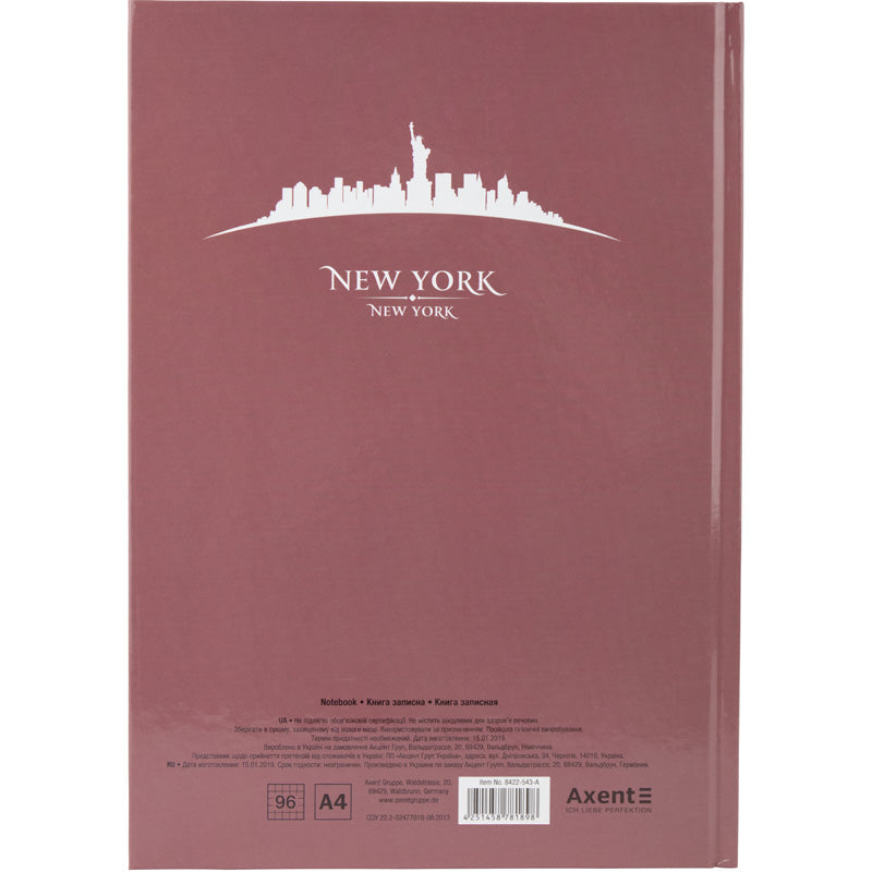 Notizbuch Axent Maps New York 8422-543-A, A4, 210x295 mm, 96 Blatt, kariert, feste Deckung, rosa-braun