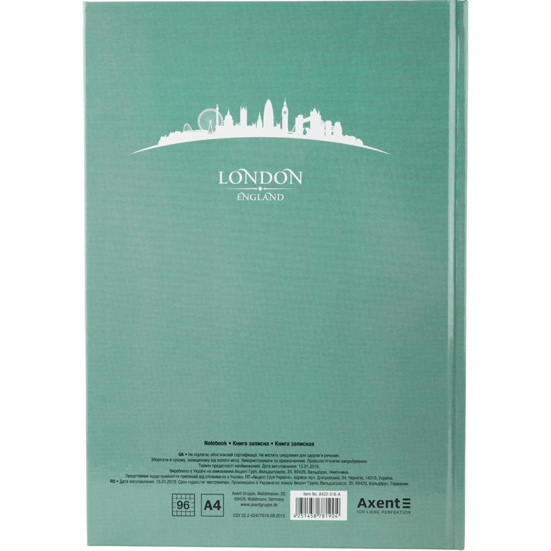 Notizbuch Axent Maps London 8422-516-A, A4, 210x295 mm, 96 Blatt, kariert, feste Deckung, türkis