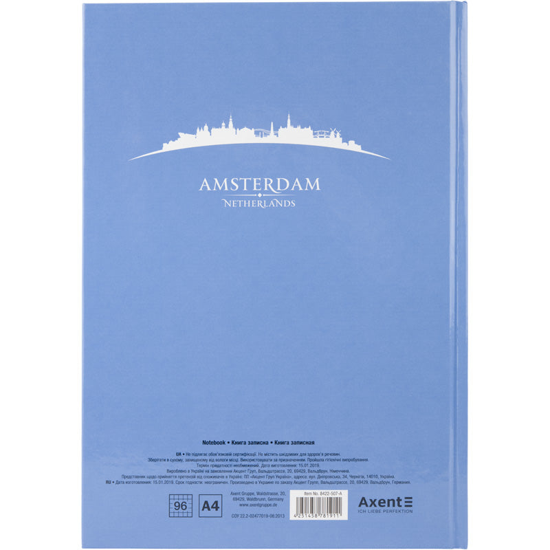 Notizbuch Axent Maps Amsterdam 8422-507-A, A4, 210x295 mm, 96 Blatt, kariert, harte Deckung, blau