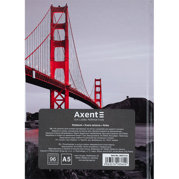 Notizbuch Axent R&B Bridge 8457-3-A, A5, 96 Blatt, Zelle, Hardcover