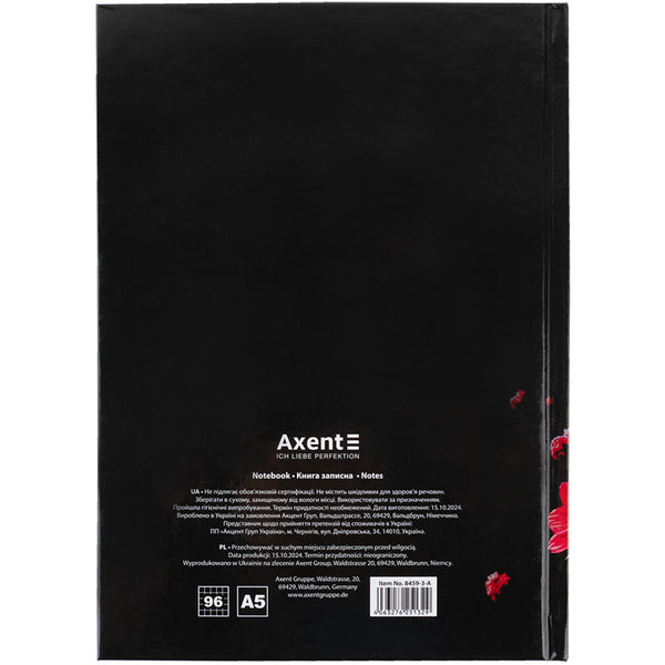 Notebook Axent Red fleur 8459-3-A, A5, 96 sheets,  squared, hard cover