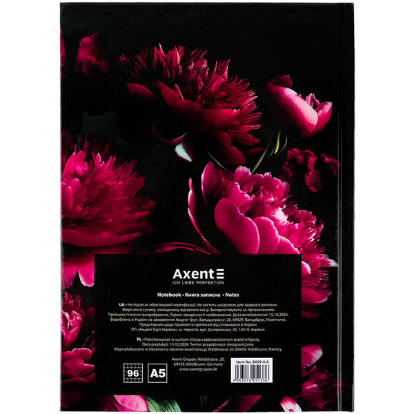 Notebook Axent Crimson fleur 8459-4-A, A5, 96 sheets,  squared, hard cover